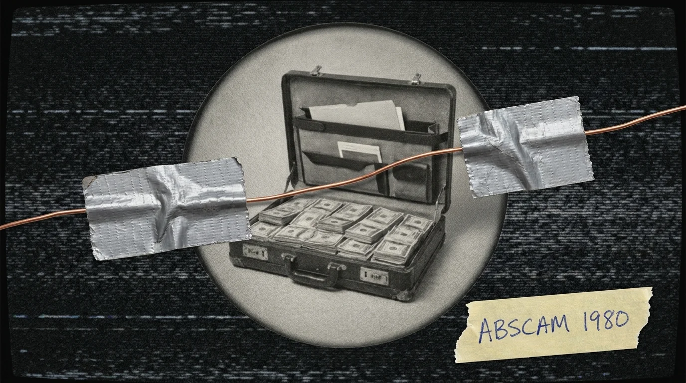 A grainy hidden camera view of a briefcase full of money with a wire and a label reading Abscam 1980.
