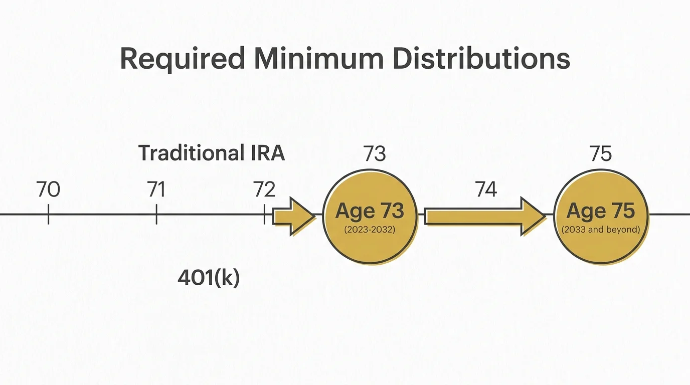 A horizontal diagram showing the shift in Required Minimum Distribution ages from 73 to 75.
