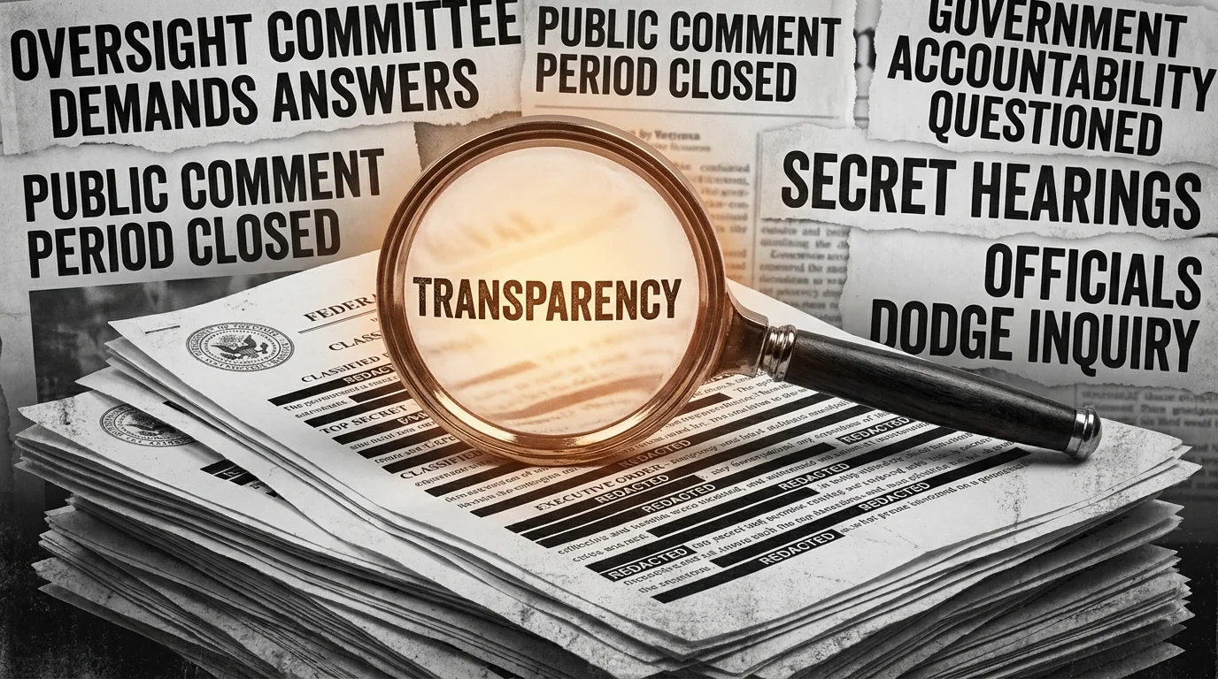 A magnifying glass revealing the word 'transparency' on a stack of redacted government documents.