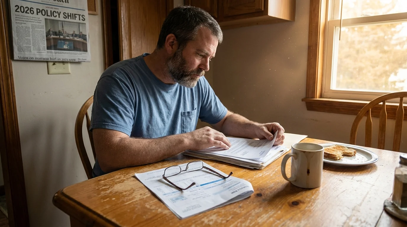 A man at a kitchen table reads a newspaper titled 2026 Policy Shifts amidst morning light and coffee, symbolizing civic preparation.