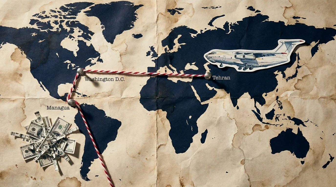 A map with strings connecting Washington, Iran, and Nicaragua, illustrating the clandestine links of the Iran-Contra affair.