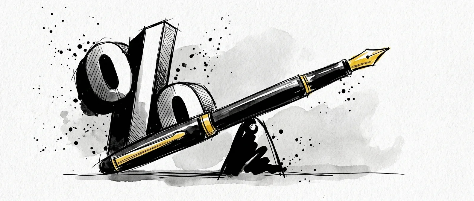 A minimalist ink illustration of a fountain pen acting as a lever to move a large percentage symbol.