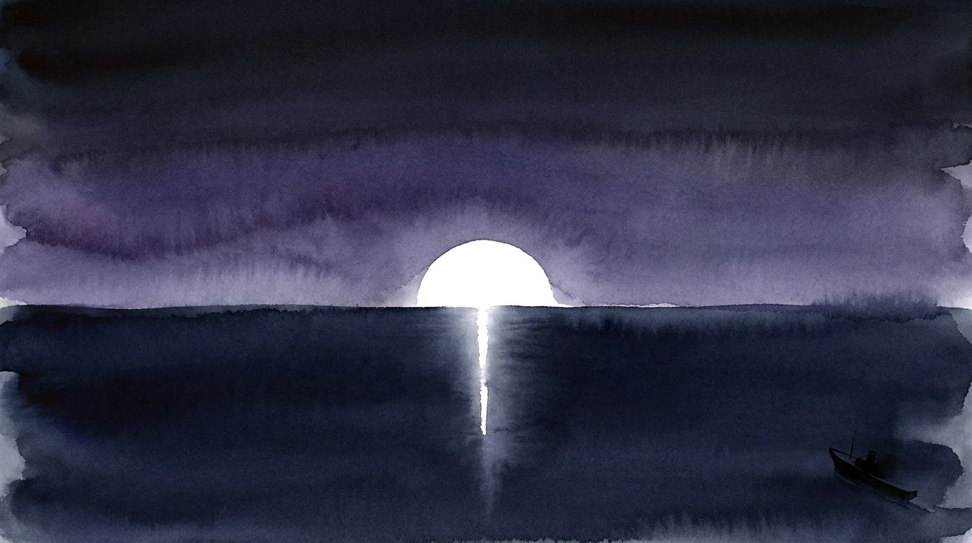A minimalist watercolor of a brilliant white semi-circle rising over a dark indigo sea, symbolizing the atomic flash of 1945.