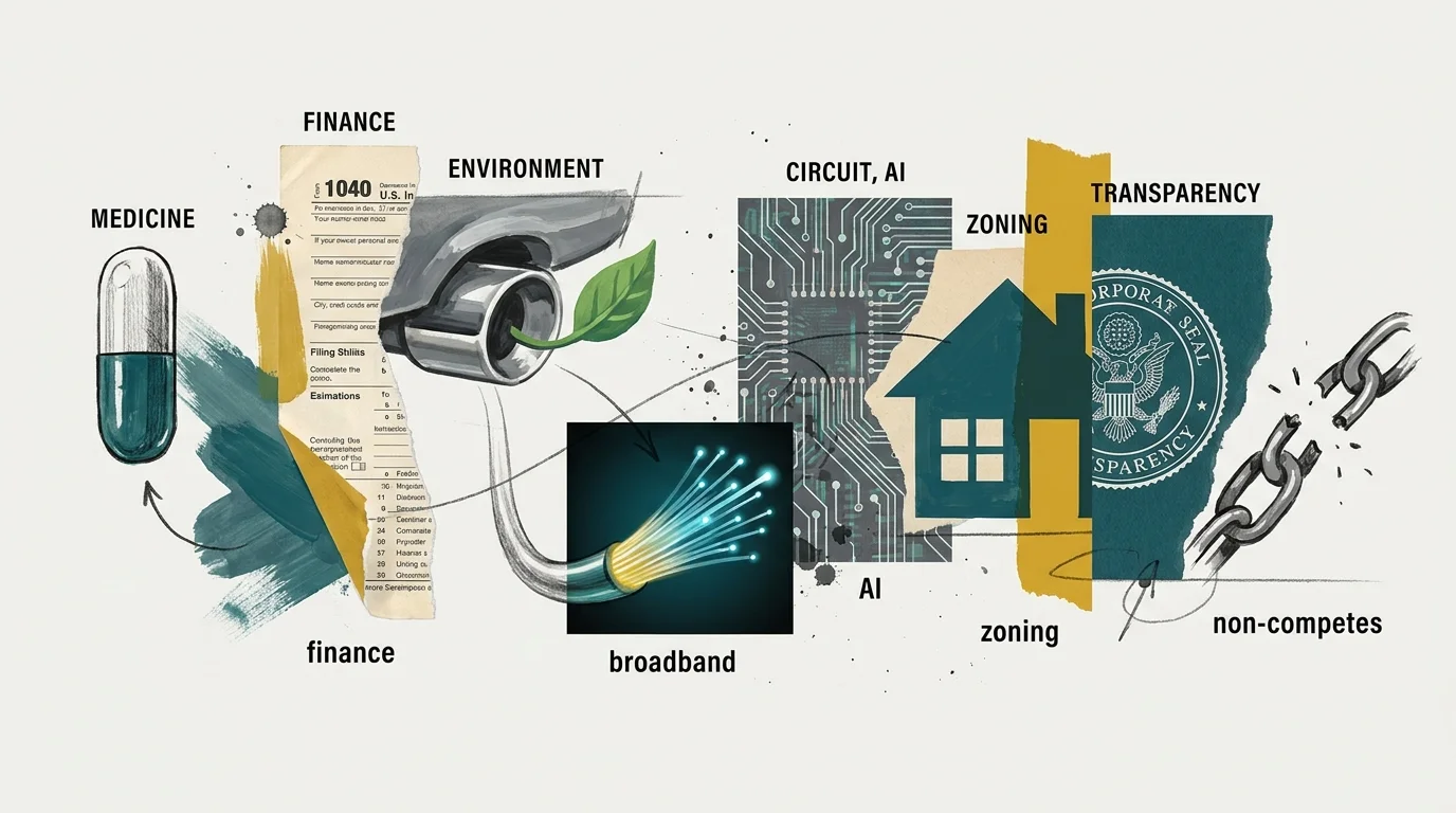A mixed media collage featuring symbols of medicine, finance, environment, and technology to represent eight major policy shifts.