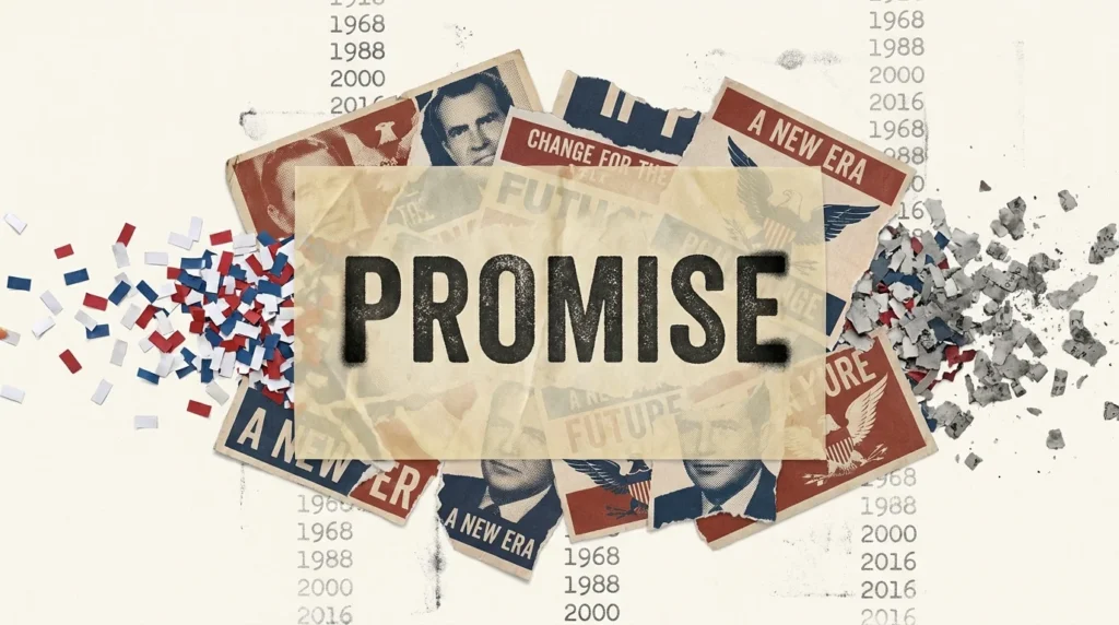 A mixed media collage of torn campaign flyers and the word 'PROMISE' fading into shredded grey paper.