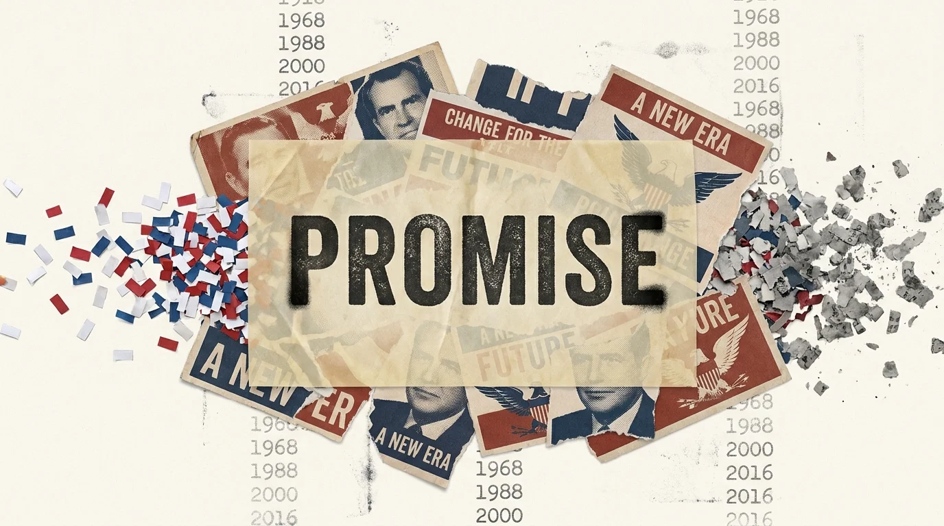 A mixed media collage of torn campaign flyers and the word 'PROMISE' fading into shredded grey paper.