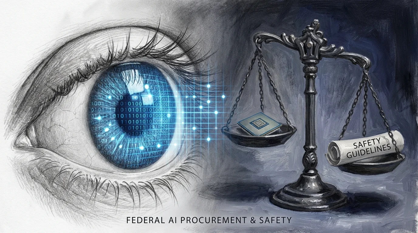 A mixed media piece combining a human eye, a digital grid, and the scales of justice to represent AI safety guidelines.