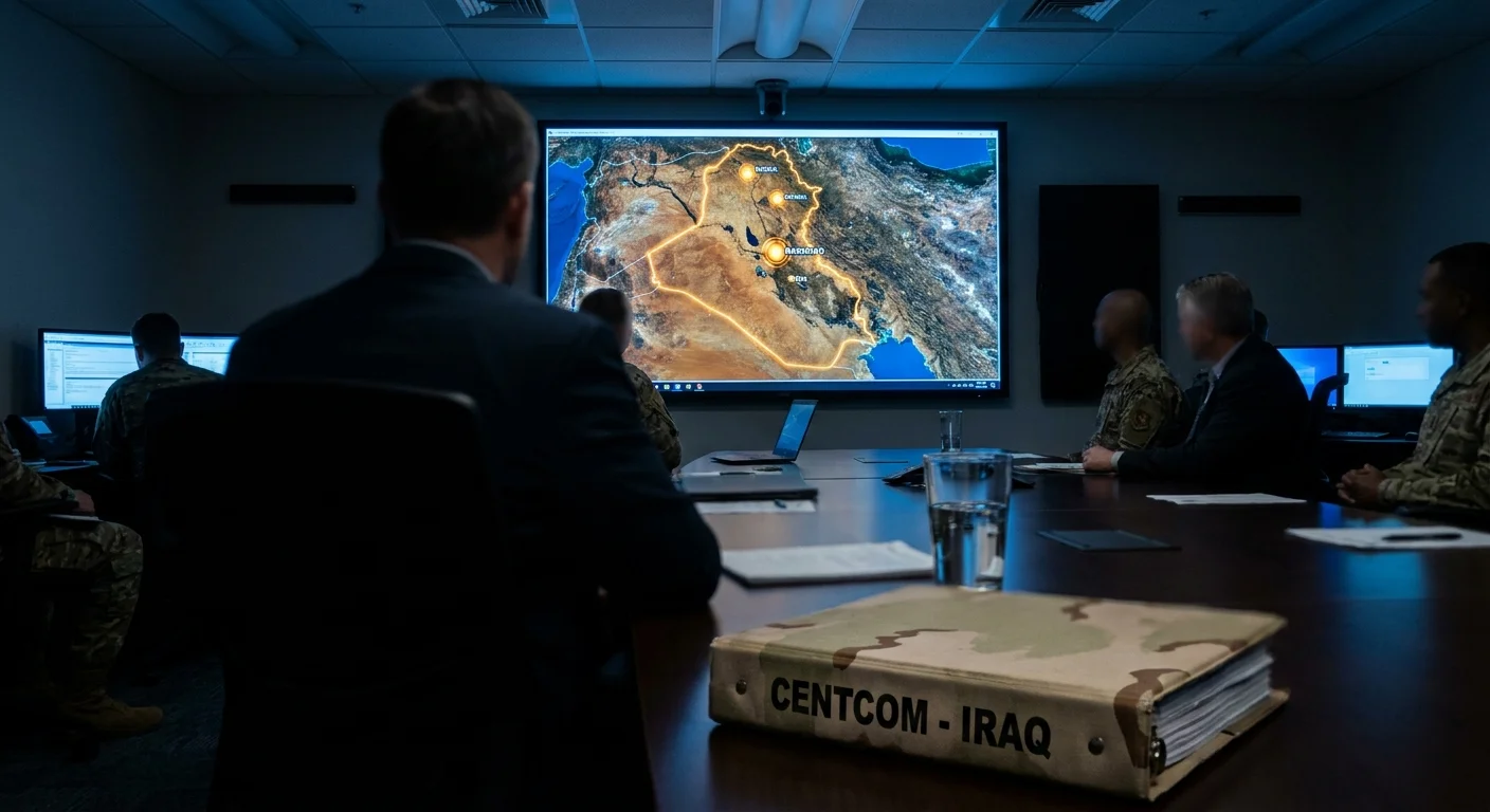 A modern briefing room with a digital map of Iraq and a camouflaged folder on a table, symbolizing the 2003 invasion.