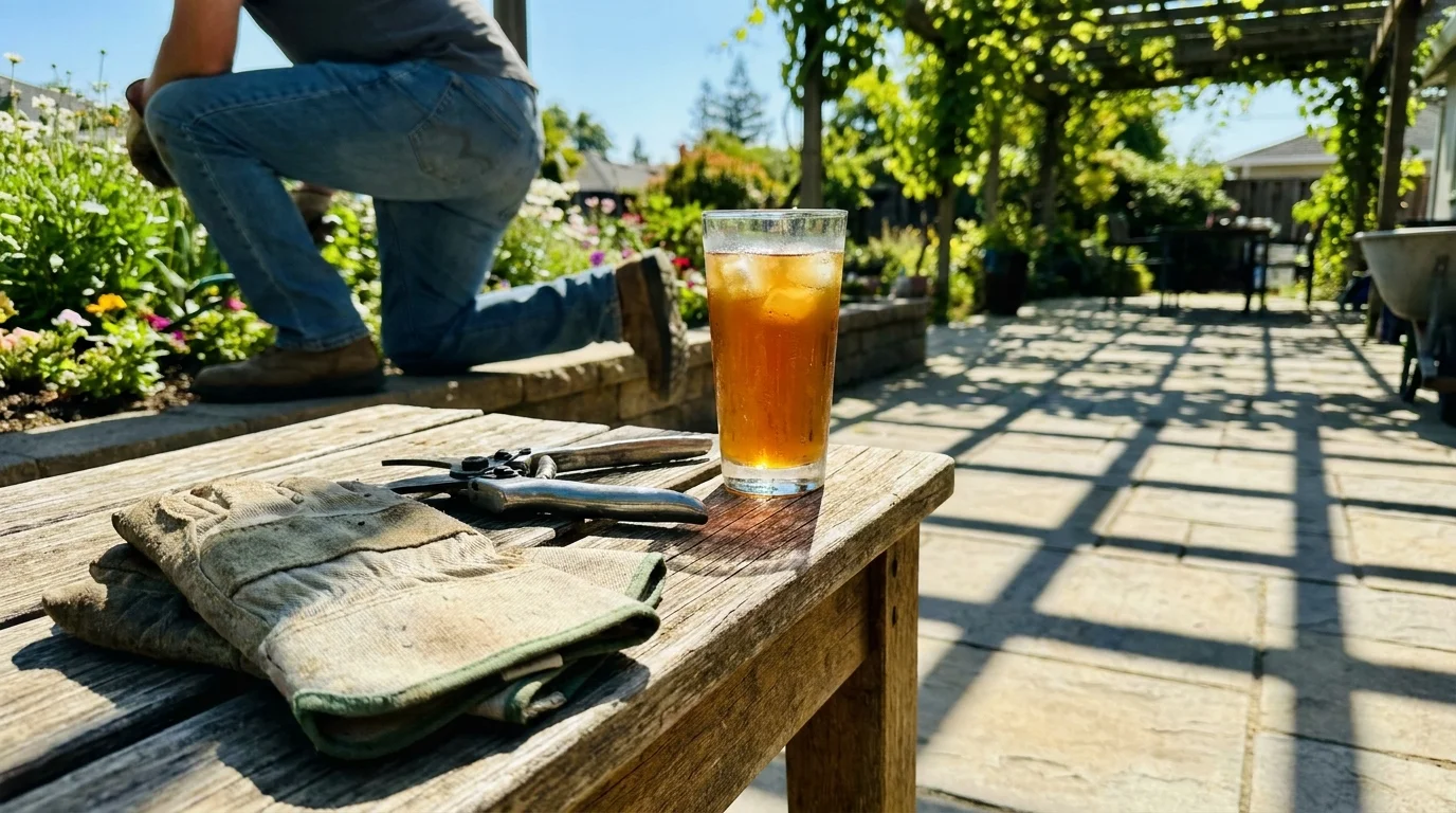A peaceful backyard scene with gardening tools and iced tea on a Saturday morning.