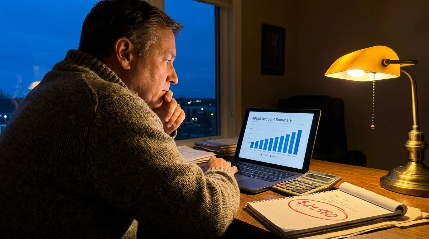 A person at a home desk looking at a 401k account summary on a laptop screen.