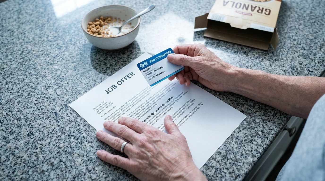 A person holding a health insurance card over a job offer letter on a kitchen counter.