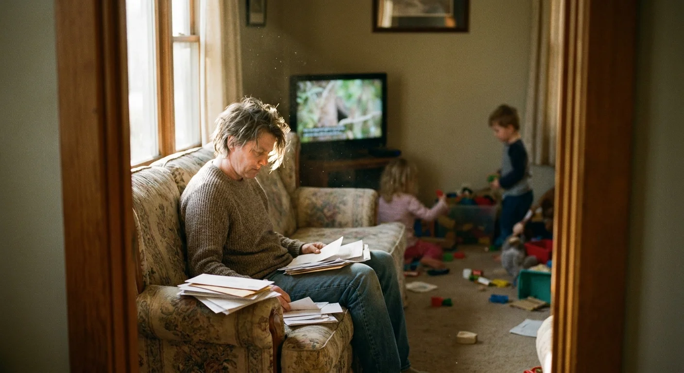 A person sitting on a sofa in a living room, looking through paperwork in the afternoon light.
