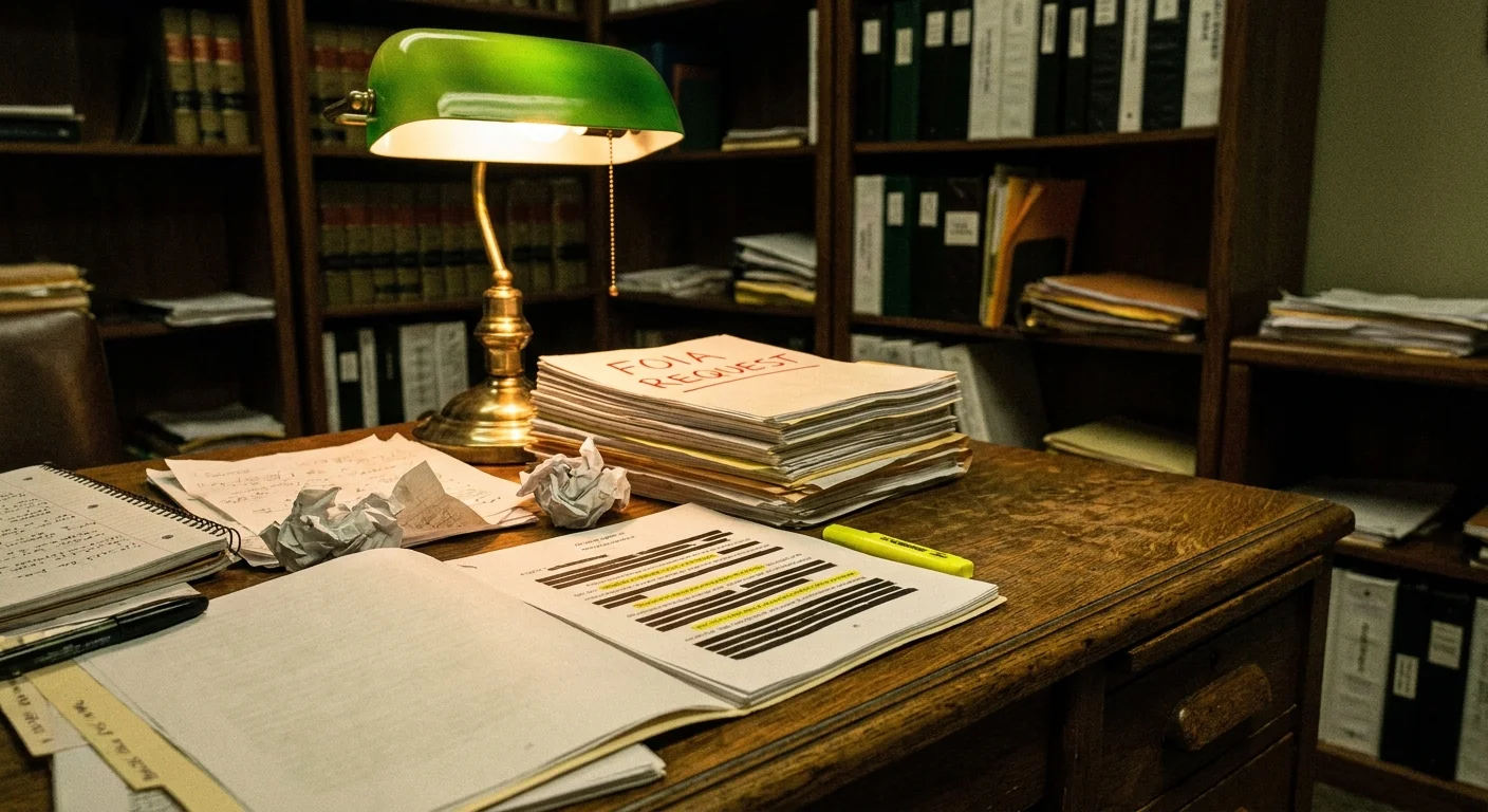 A photo of a desk with a stack of 'FOIA Request' papers and a document with blacked-out redacted lines under a lamp.