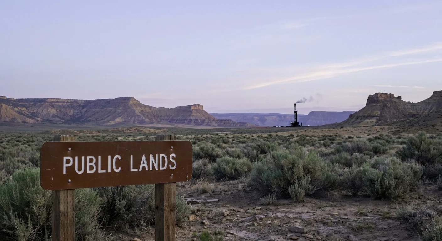 A 'Public Lands' sign in a vast desert landscape with a drilling rig visible in the far distance.