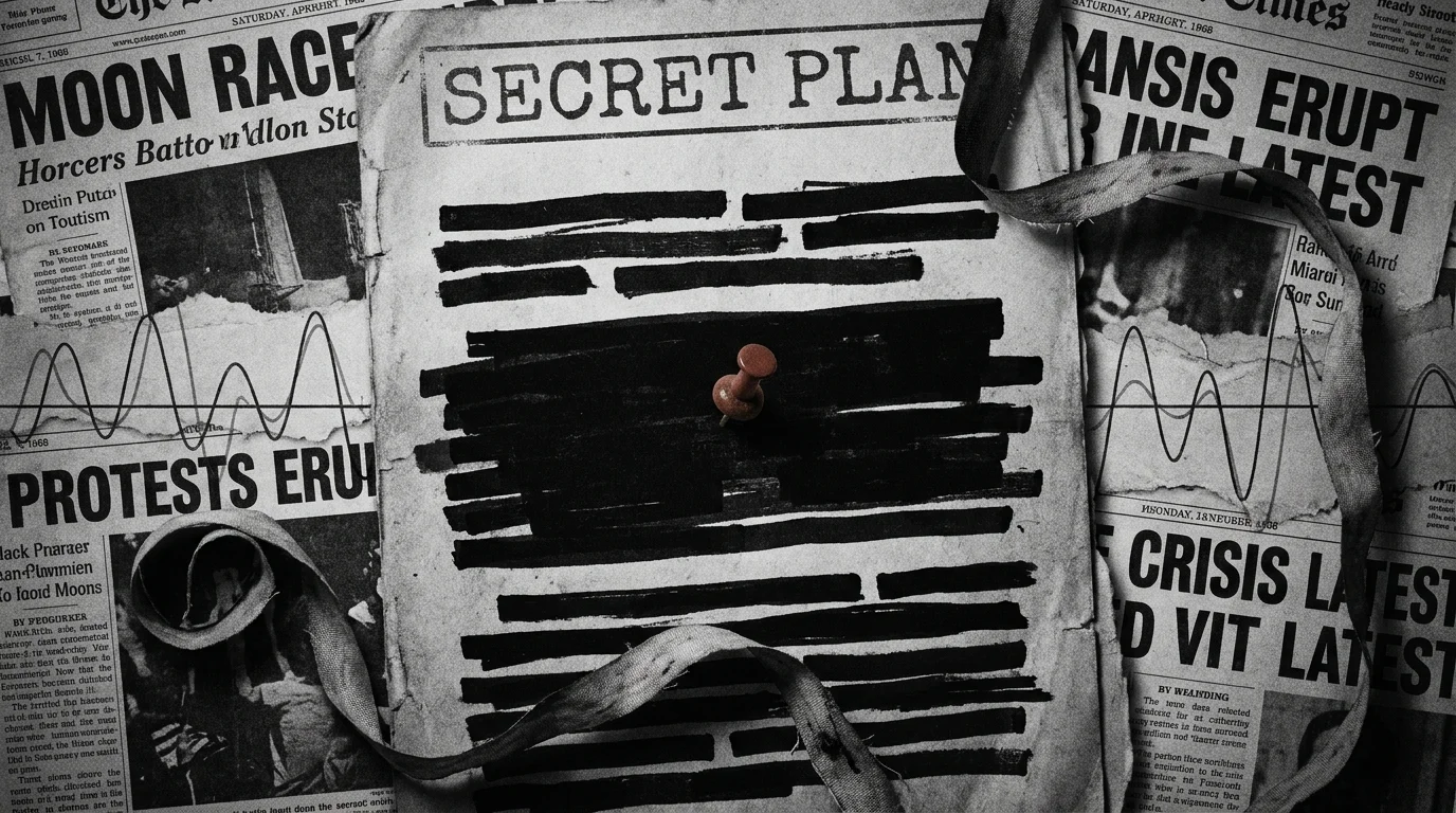 A redacted document titled 'SECRET PLAN' from 1968, layered with newspaper clippings.