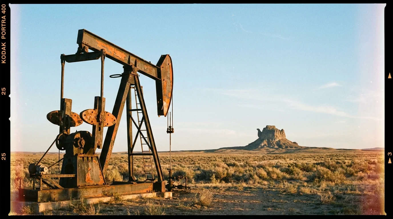 A rusted 1920s oil pumpjack stands in the Wyoming desert with the Teapot Dome rock formation in the distance.