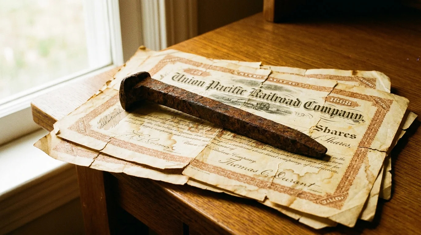 A rusted iron railroad spike lies on top of ornate 19th-century stock certificates.