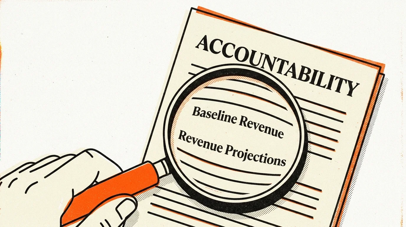 A screenprint illustration of a magnifying glass highlighting the word 'Accountability' on a government document.