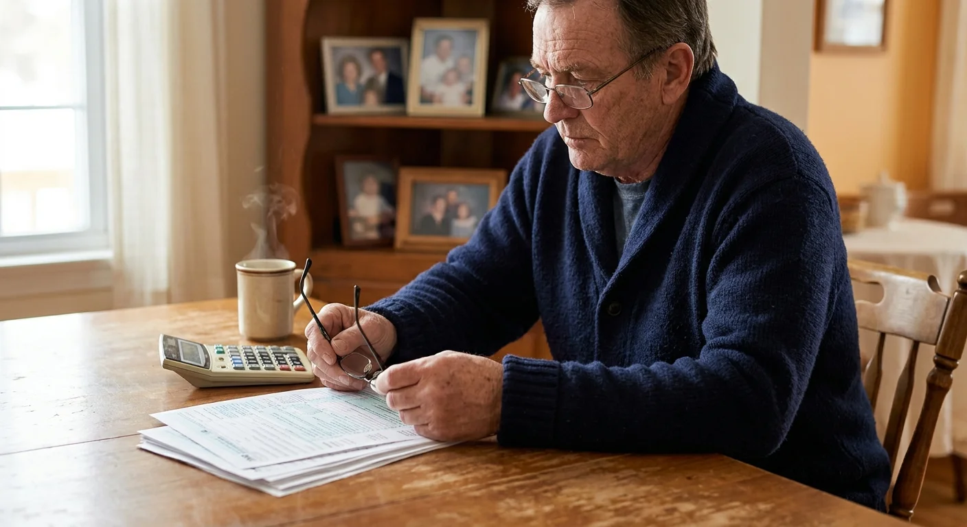 A senior man at a wooden table reviewing financial documents in soft morning light.