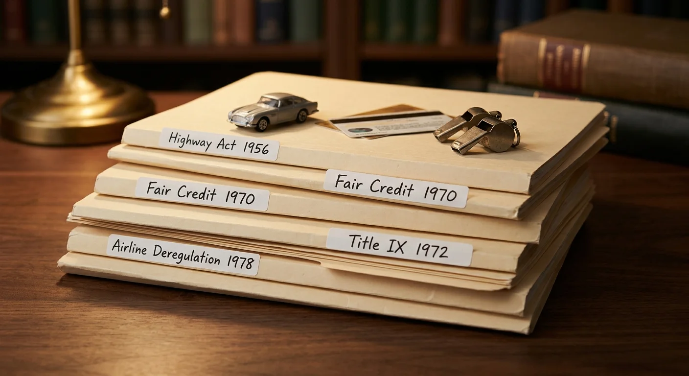 A stack of eight manila folders with labels like 'Highway Act 1956' and 'Fair Credit 1970' on a dark wooden desk.
