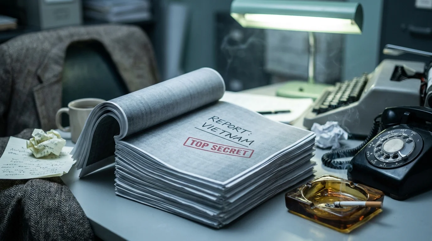 A stack of leaked secret documents about the Vietnam war sits on a 1970s office desk with a rotary phone.