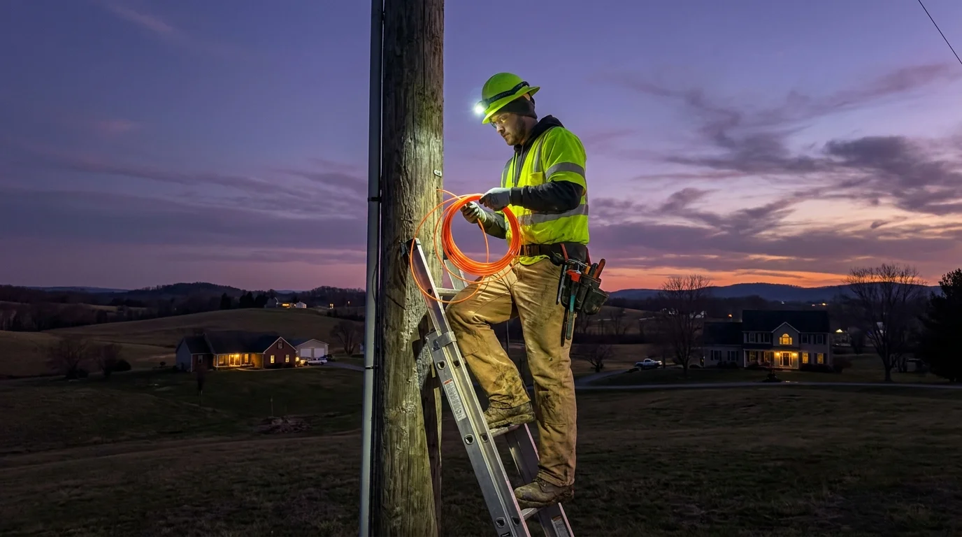 A technician installs fiber-optic cables on a rural utility pole at sunset, representing broadband expansion.