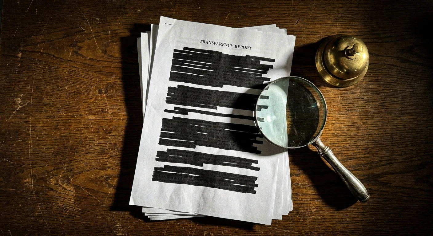 A top-down photo of a redacted document and a magnifying glass on a wooden desk, symbolizing the struggle for accountability.