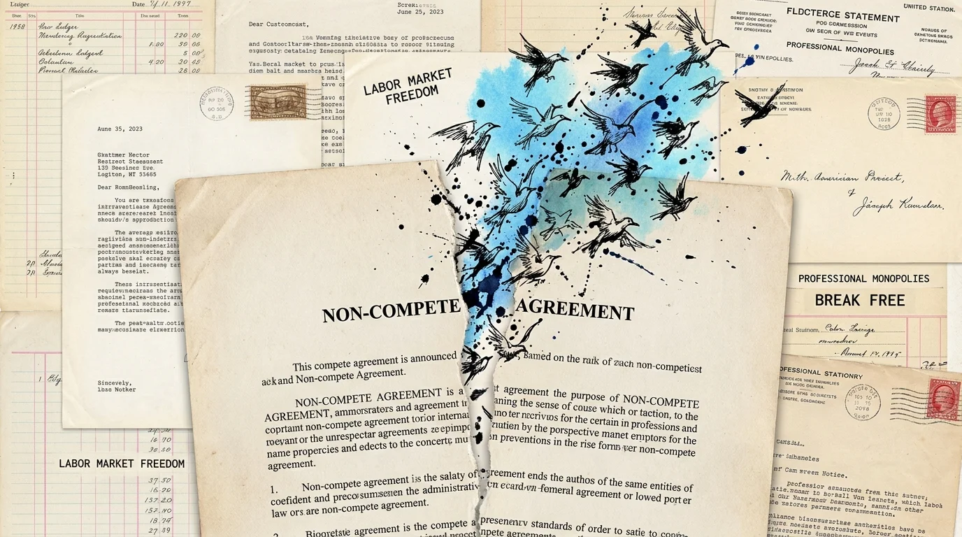 A torn non-compete agreement with ink birds flying out from the tear, symbolizing labor market freedom.