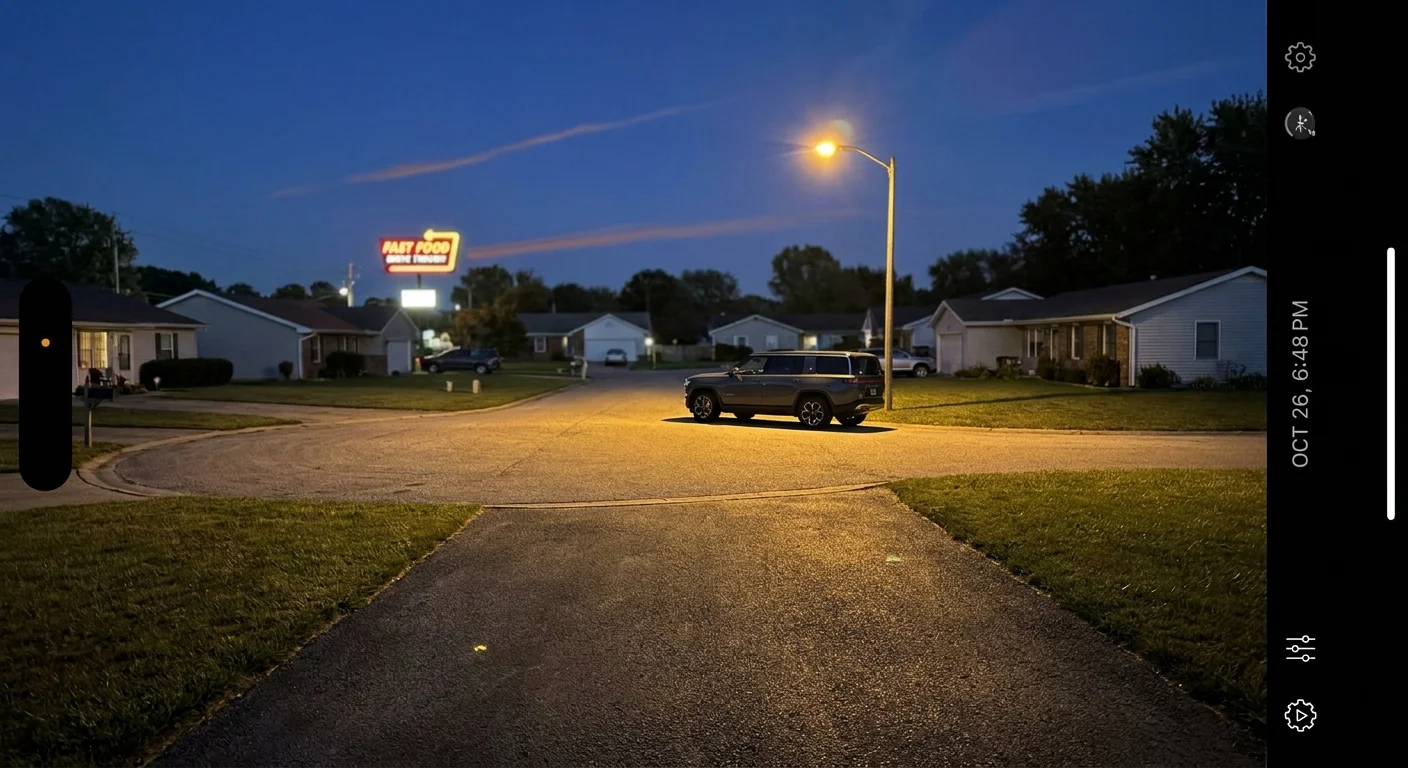 A twilight photo of a suburban street with a parked SUV and a distant fast-food sign, illustrating car-dependent sprawl.