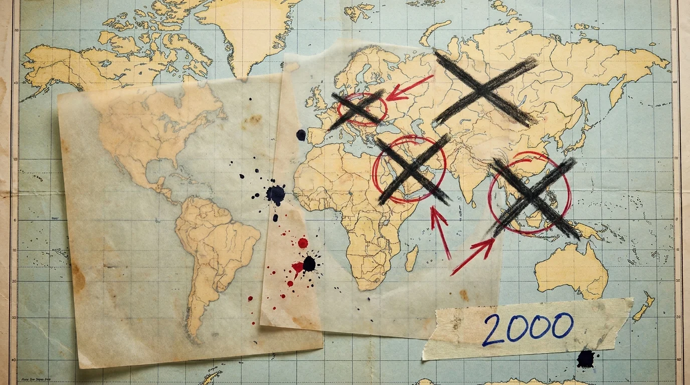 A vintage world map with red circles crossed out in charcoal, labeled with the year 2000.