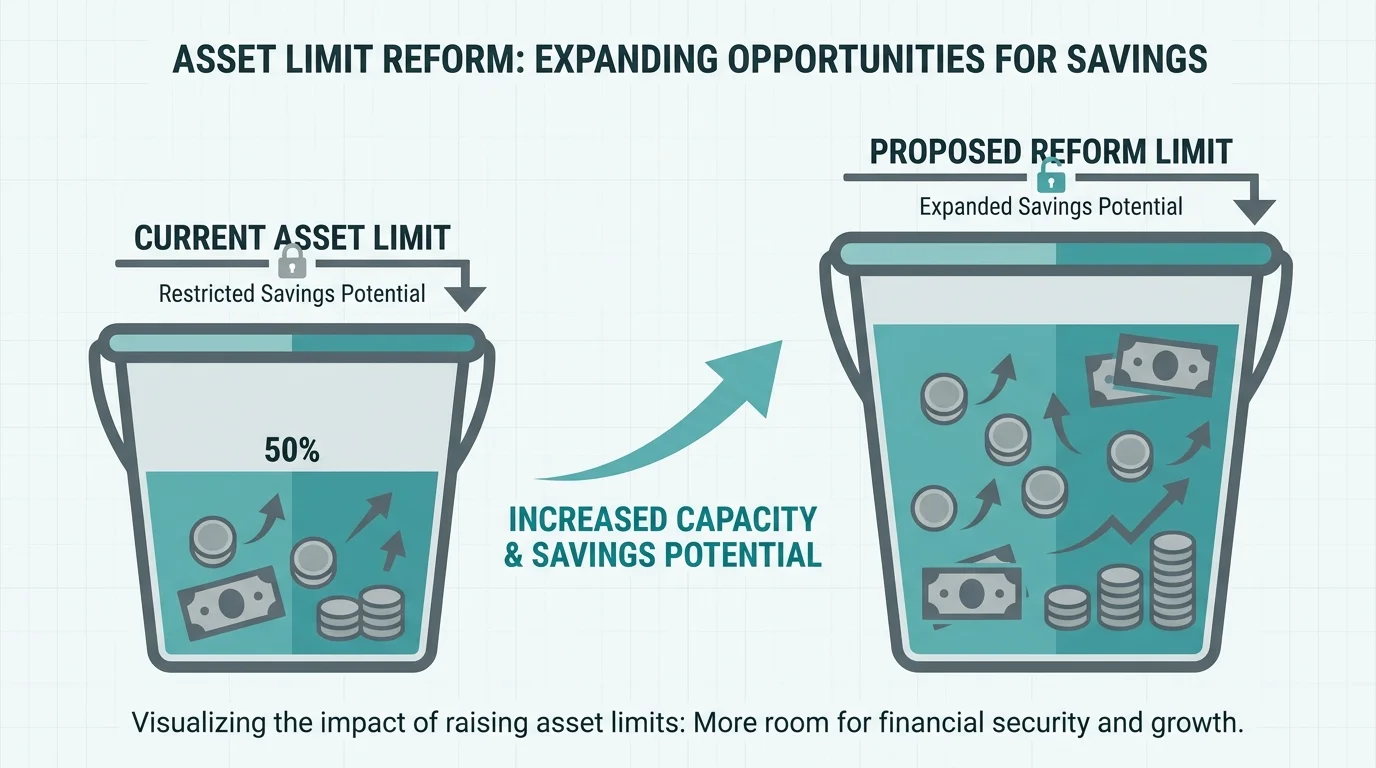 A visual comparison of two asset buckets showing a current limit versus a proposed larger reform limit.