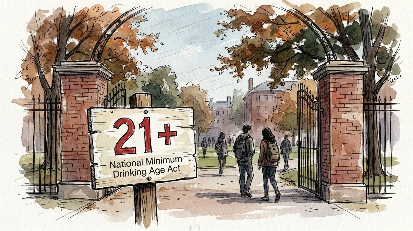 A watercolor of a campus sign reading '21+' with students walking in the background.