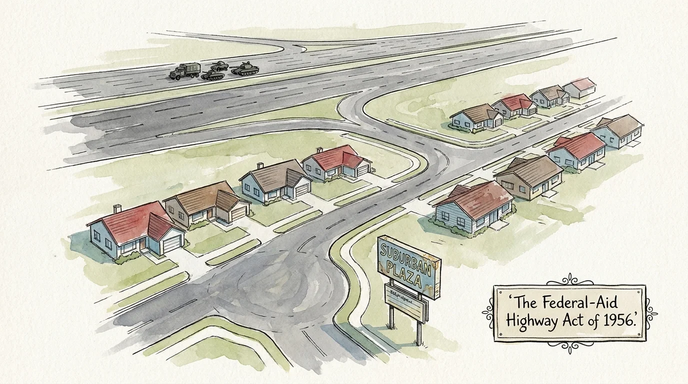 A watercolor showing a large military highway transforming into a suburban neighborhood with houses and a strip mall.