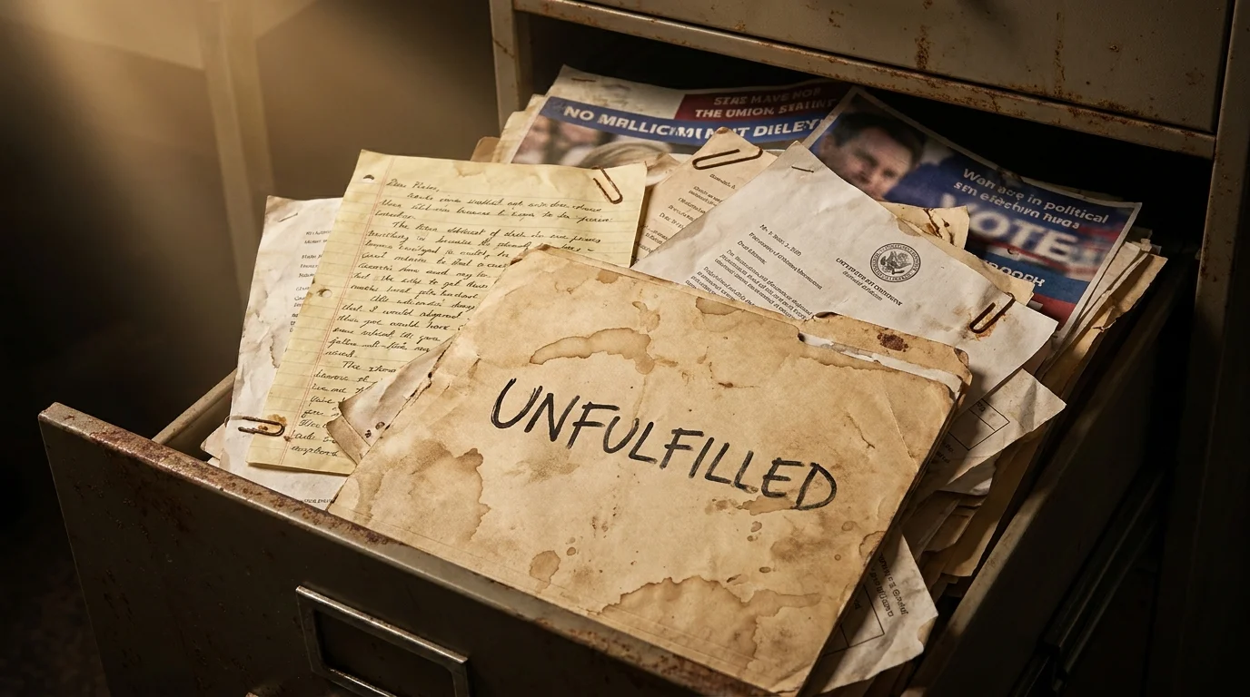 An archival drawer filled with folders and papers, with one prominent folder labeled 'UNFULFILLED'.