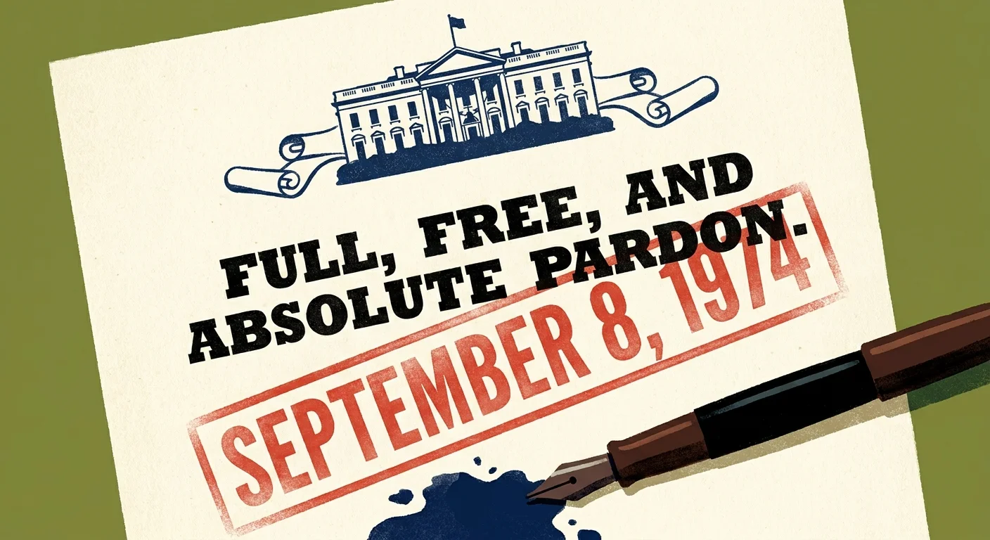 An editorial illustration of a pardon document from 1974 with a red 'September 8' stamp and a fountain pen.