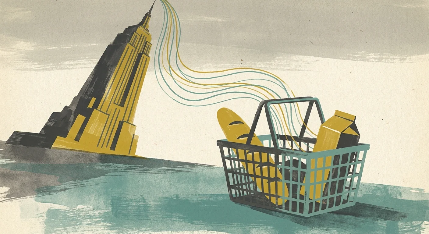 An editorial illustration showing abstract lines connecting a corporate building to a basket of groceries.