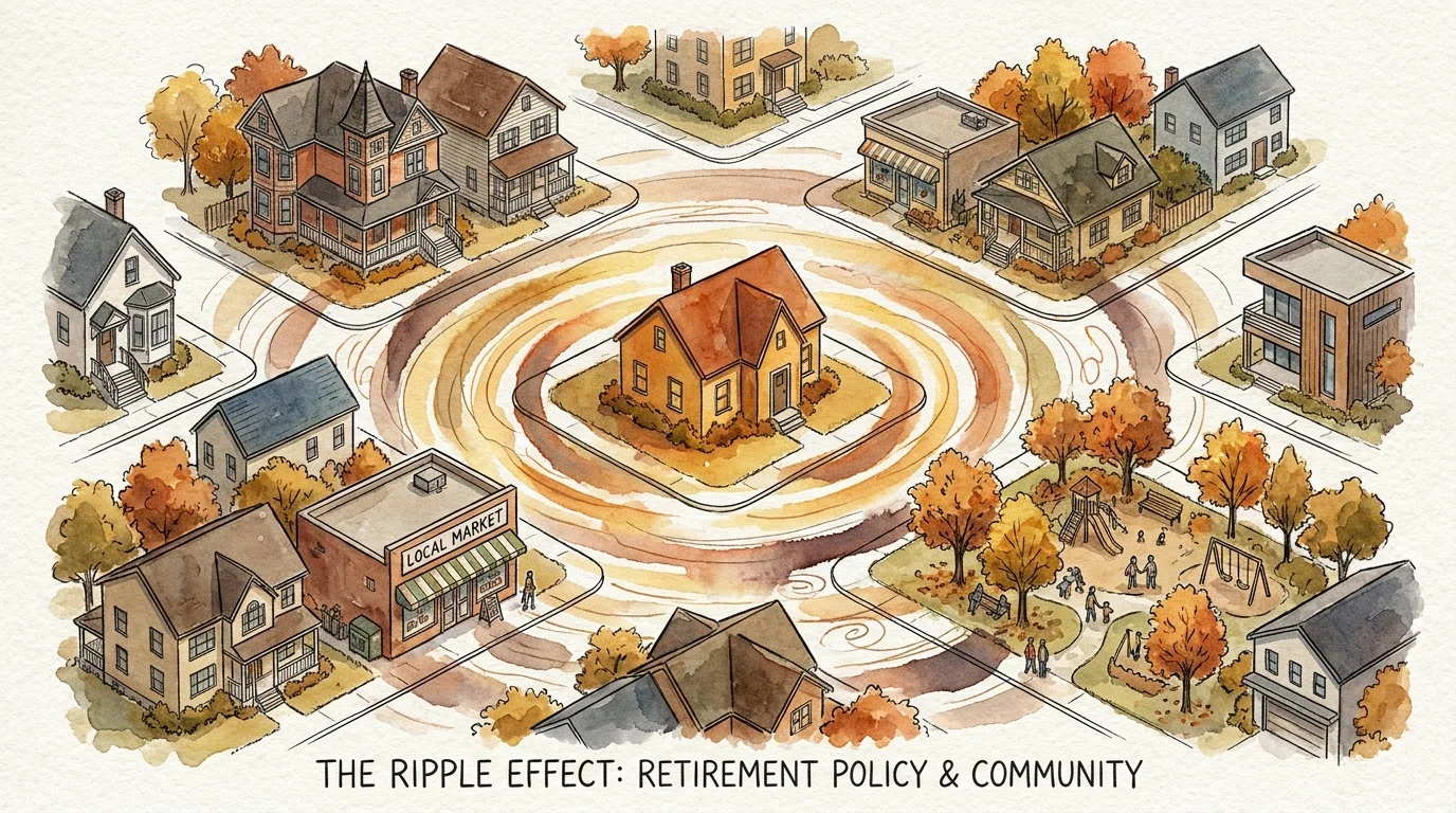 An illustration of a neighborhood with ripples spreading out from a single home, symbolizing community impact.