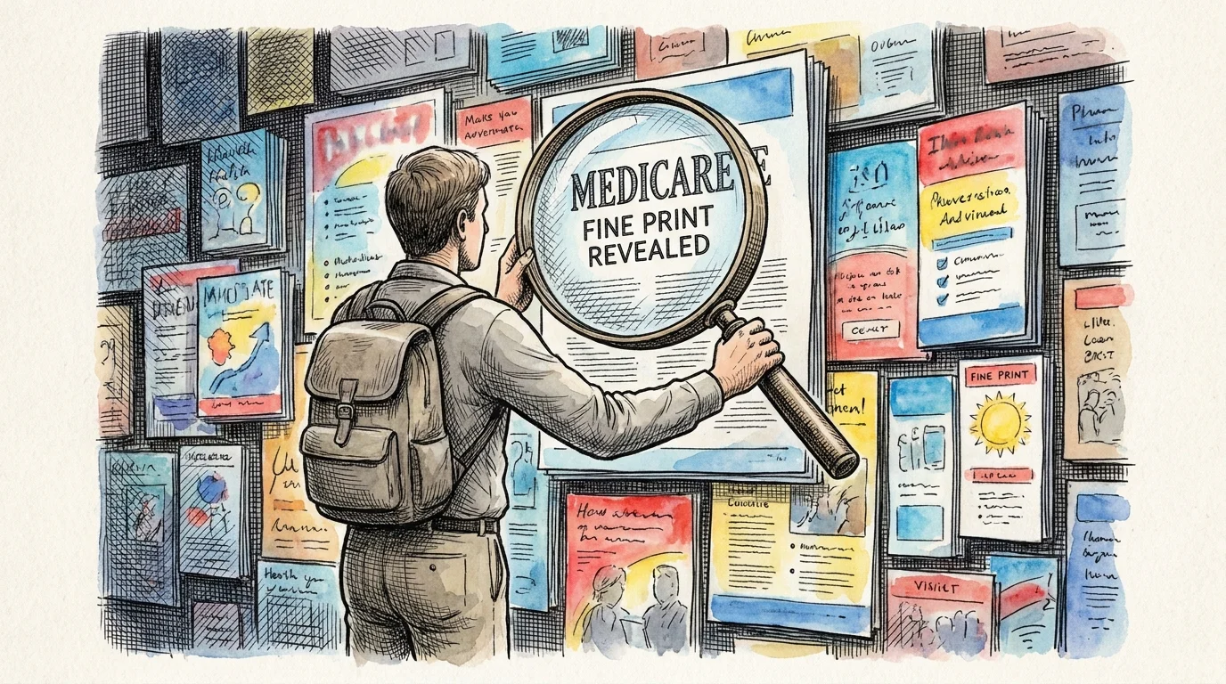 An illustration of a person using a magnifying glass to read the fine print on Medicare brochures.