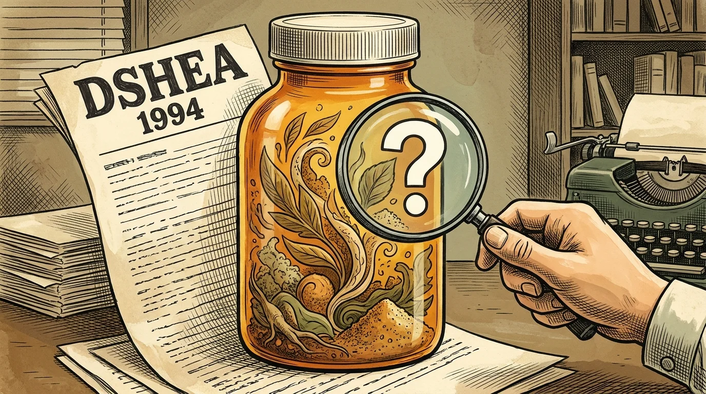 An illustration of a vitamin bottle wrapped in a 1994 law document, with a magnifying glass revealing a question mark.