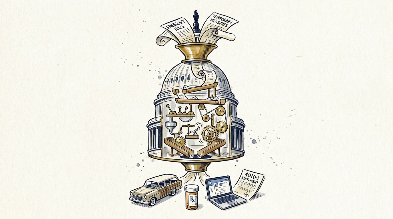 An illustration of the U.S. Capitol as a machine turning legislative scrolls into everyday items like cars and medicine.