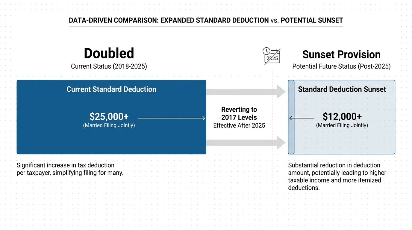 An infographic comparing the current doubled standard deduction against a much smaller future deduction bar.