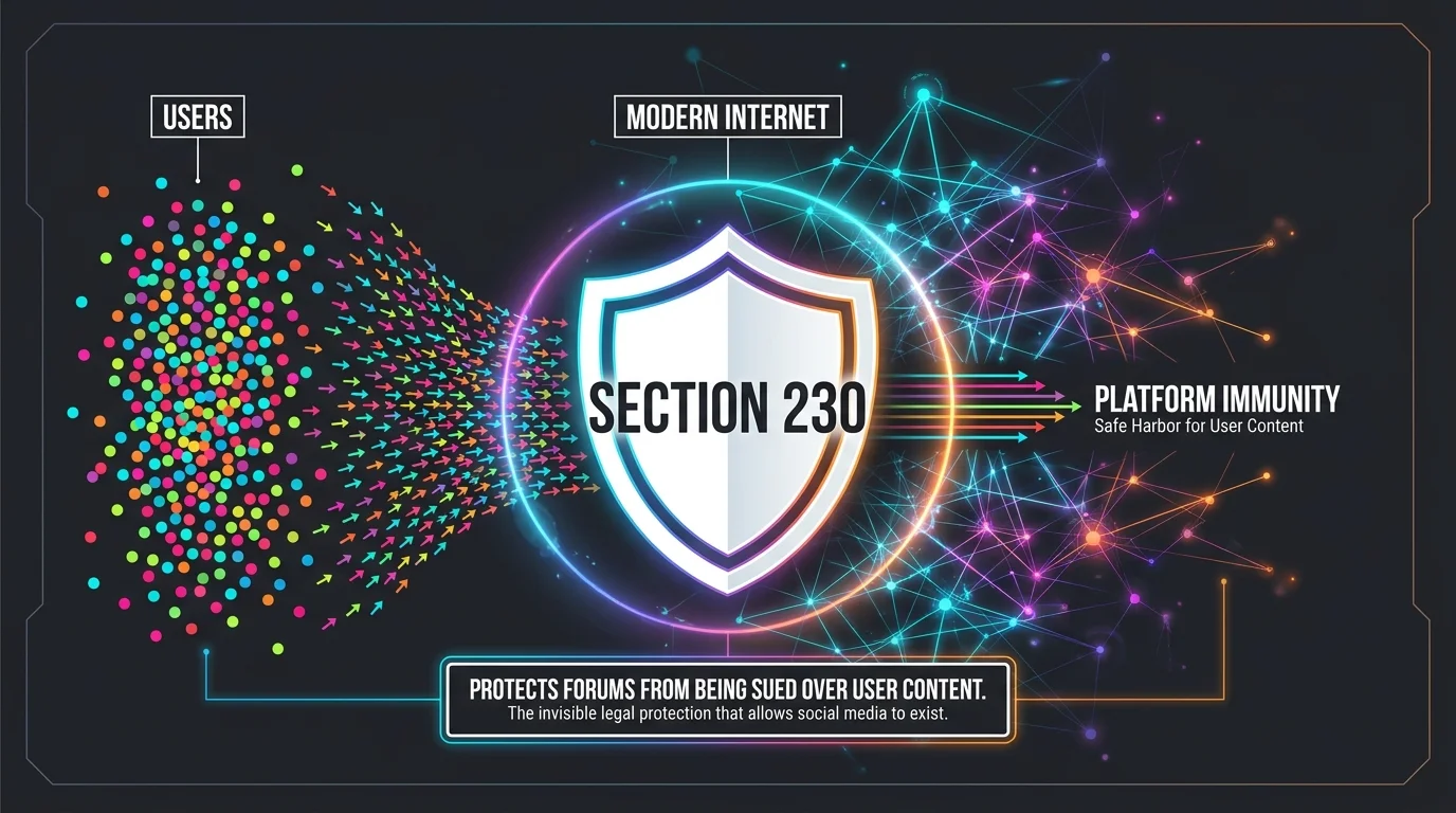 An infographic showing a 'Section 230' shield protecting an internet network from a flood of user content arrows.