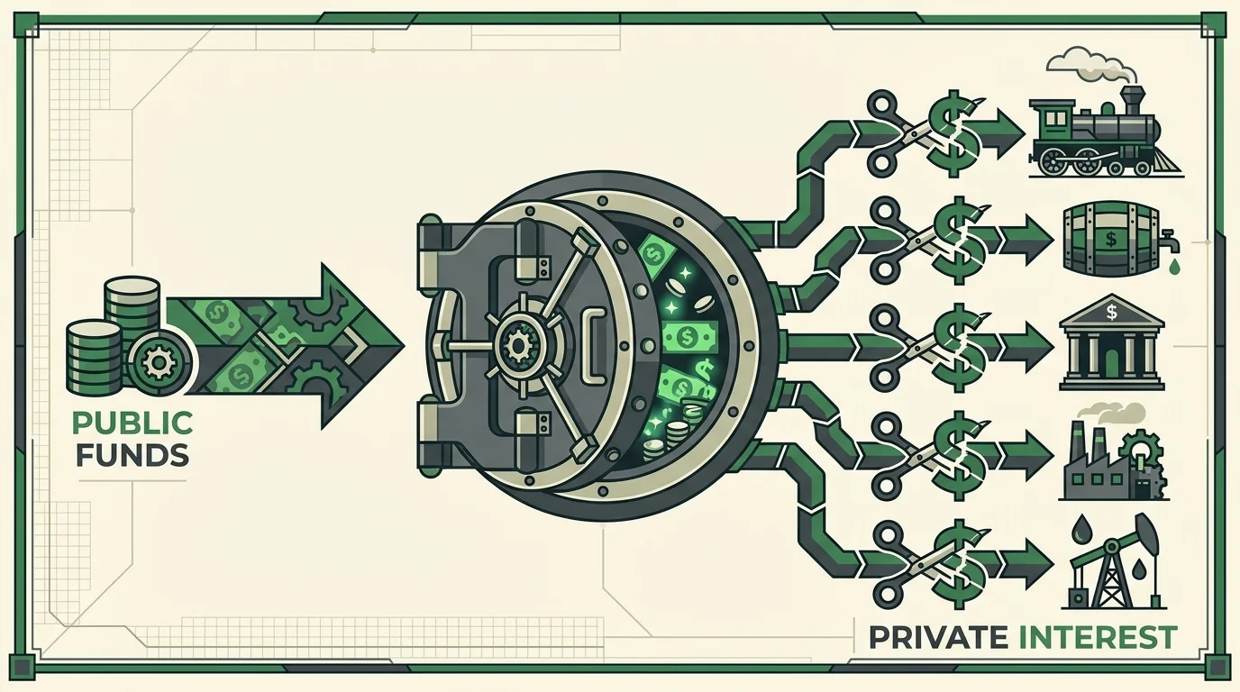 An infographic showing tax dollars being diverted from a public vault into various private industrial icons.
