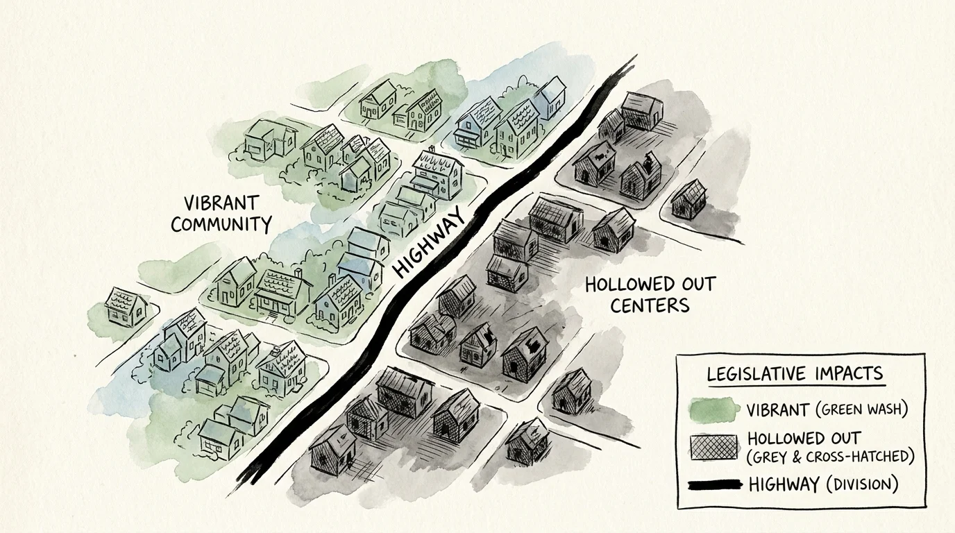 An ink and watercolor map showing a thick black line dividing a vibrant neighborhood from a grey, hollowed-out area.