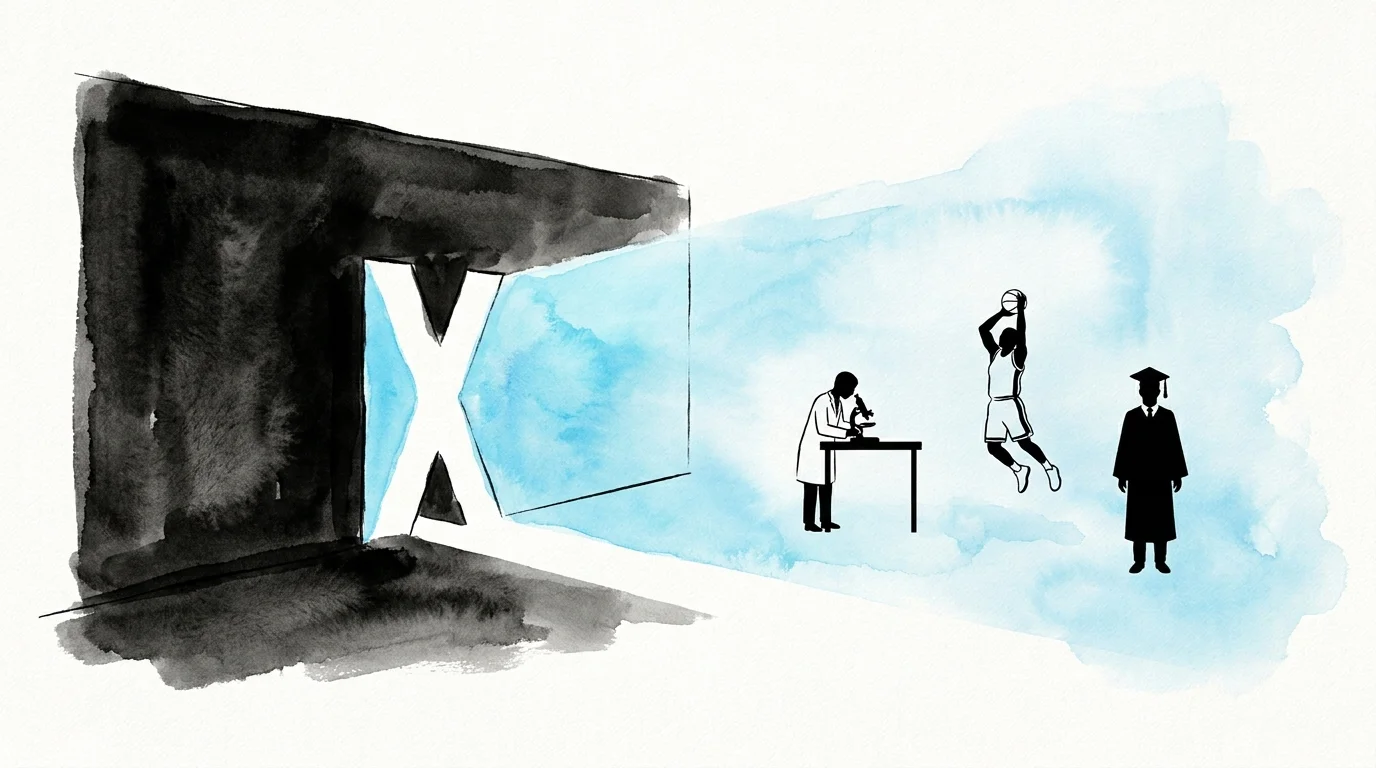 An ink drawing of the number 'IX' acting as a doorway through a dark wall into a bright area filled with silhouettes of students.