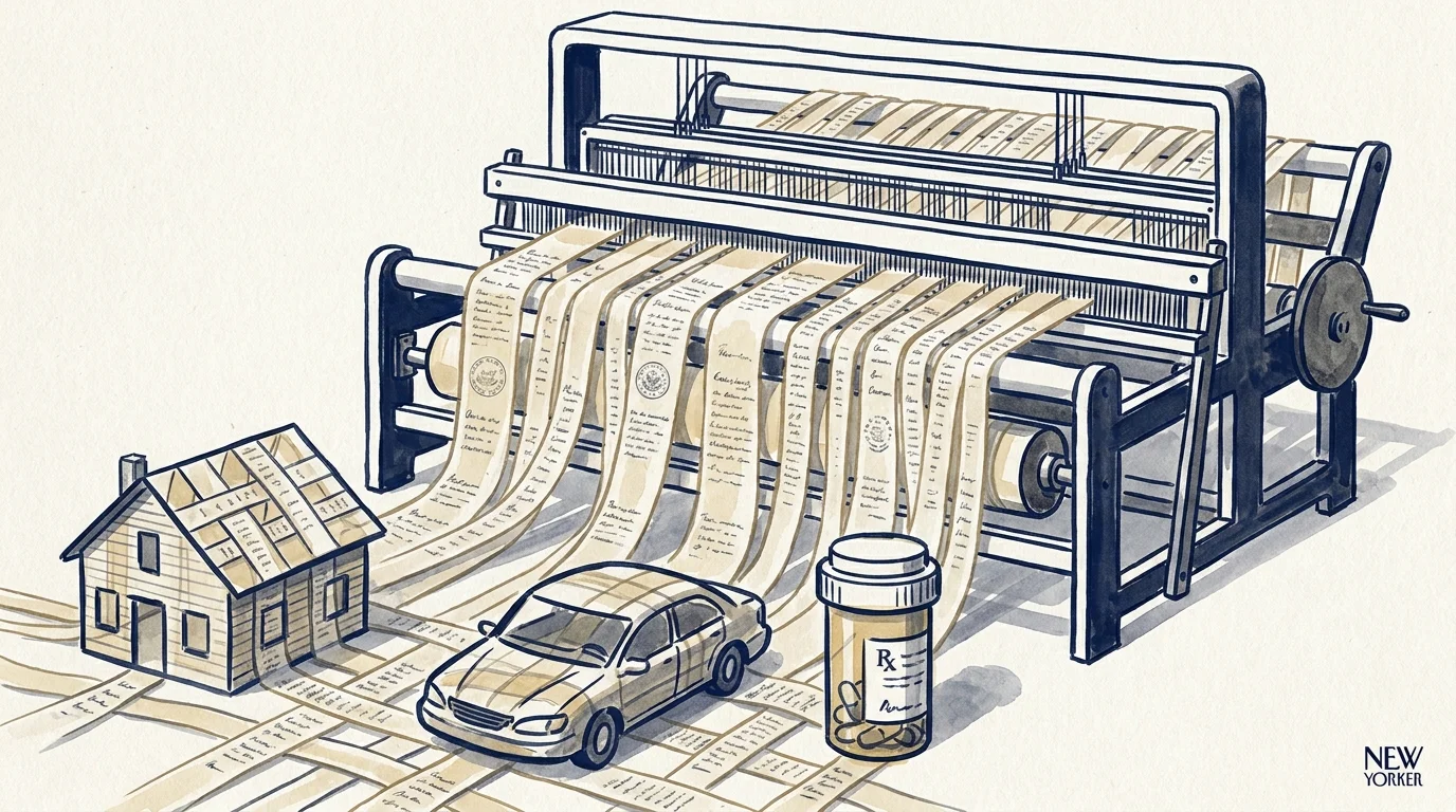 An ink illustration of a giant loom weaving legislative documents into the shapes of a house, a car, and a medicine bottle.