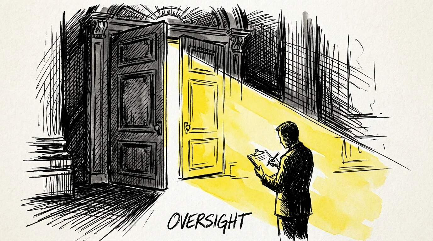 An ink sketch of doors at the Capitol slightly open with a beam of light shining through.