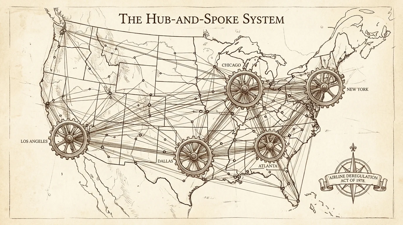 An ink sketch of the US map with airline routes shown as a hub-and-spoke system radiating from major cities.