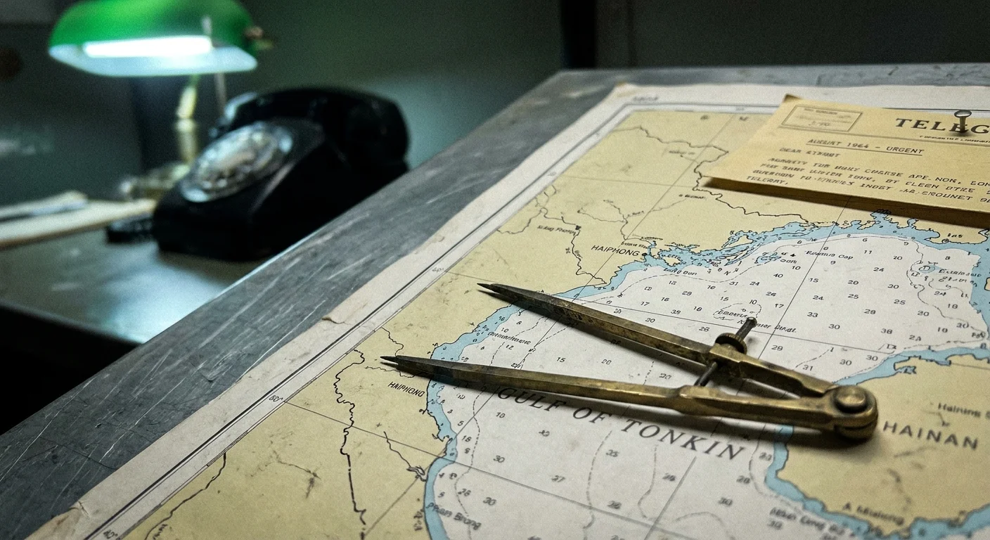 Close-up of a 1964 naval chart of the Gulf of Tonkin with a navigation tool and a military-style lamp in the background.