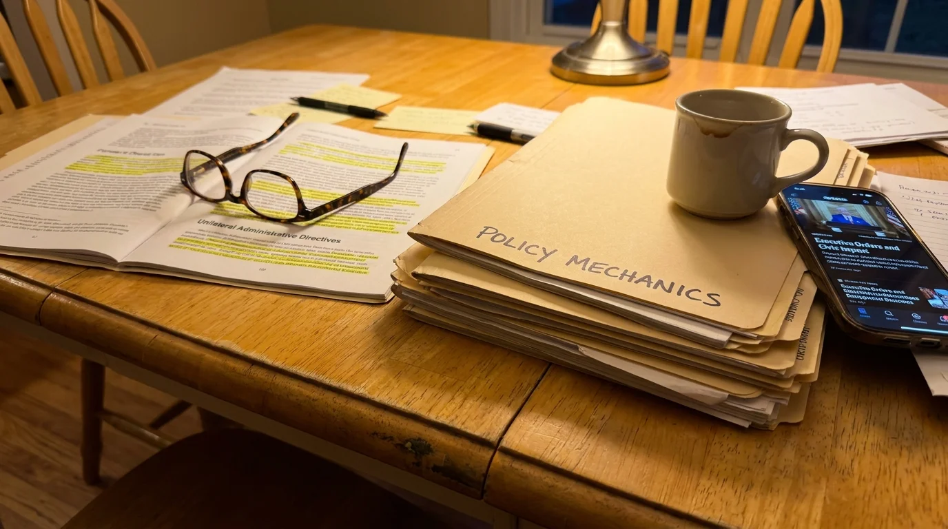 Close-up photo of policy folders and a highlighted document on a kitchen table, symbolizing the analysis of executive power.